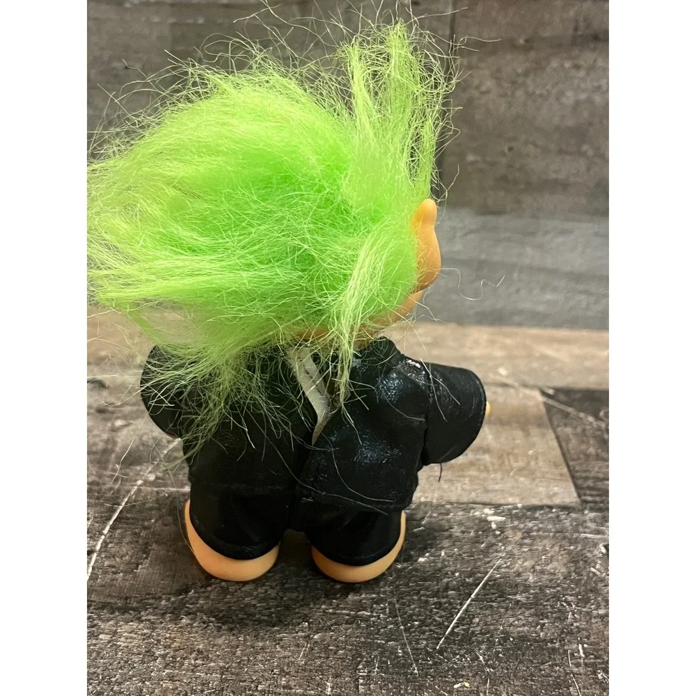 Vintage 1991 ITB Troll Doll Neon Green Hair Biker Faux Leather Jacket Blue Eyes